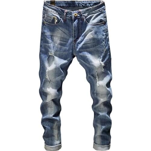 Ripped Jeans Men Slim Fit Light Blue Stretch Fashion Streetwear Frayed Hip Hop Distressed Casual Denim Jeans Pants Male Trousers