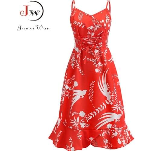 Sexy Spaghetti Strap Beach Midi Dress 2020 Vintage Floral Print A-line Mermaid Dress Red White Black Ruffle Holiday vestidos