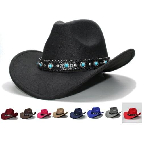 Retro Women Men 100% Wool Wide Brim Cowboy Western Cowgirl Bowler Hat Fedora Cap Turquoise Bead Vintage Leather Band 57cm/Adjust