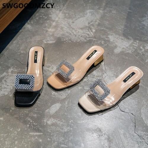 Rhinestone Slides Clear Slides Block Heel Shoes Slippers Women Summer Womens Slippers Outdoor Fashion Scarpe Donna Calzado Mujer