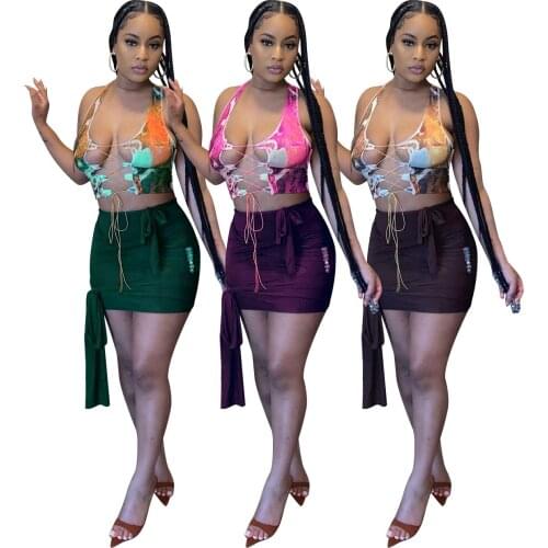 Tank Crop Lace up Tops With Bandage Skirts Women Summer Sexy Dress Sets