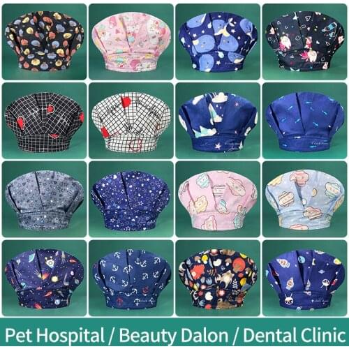 Unisex pet grooming work hats scrubs caps animal printing scrub hats cotton Elastic beauty salon accessories caps for long hair