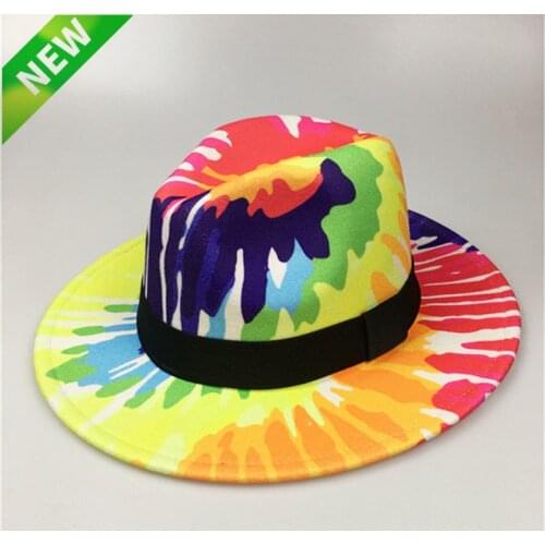 Green Tie Dye Fedora Hat Women Fashion Flat Wide Brim Panama With Belt Wool Felt Jazz Fedora Hats for Men Wholesale