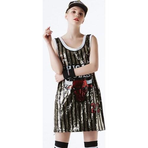 2019 New Women Long Sequin T Shirt Casual Jazz Cheerleaders Casual Dance Costume Modern Dance Hip Hop DS Performance Mini Dress