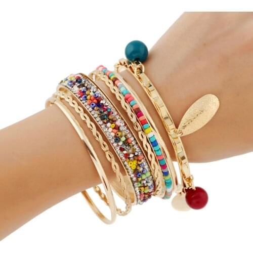 Newest Multilayer Gold-Color Luxury Bangle Women Bijoux Fashion Bohemian Charm Multicolor Beads Bracelets Bangles Set