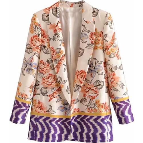 Za Women 2021 Fashion No buttons Printed leisure Blazer Coat Vintage Long Sleeve Pockets Female Outerwear Chic