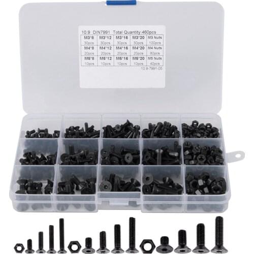 460Pcs M3 M4 M5 Alloy Steel Countersunk Flat Head Hex Socket Cap Screws Nuts Set Assortment Kit Precise Metric Bolts Nuts Set Pr