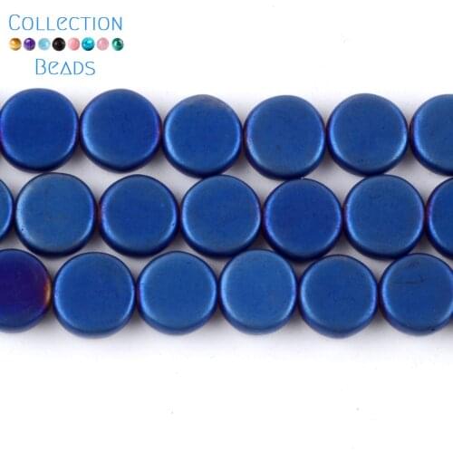 6/8/10mm Natural Stone Blue Matte Dull Polish Hematite Flat Round Spacer Beads For Diy Jewelry Making Bracelets Accessories 15