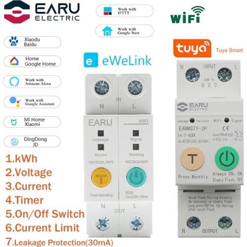2P WIFI Circuit Breaker Energy Power kWh Meter Time Timer Switch Relay Voltmeter Current Leakage Protection RCCB RCBO Limitter