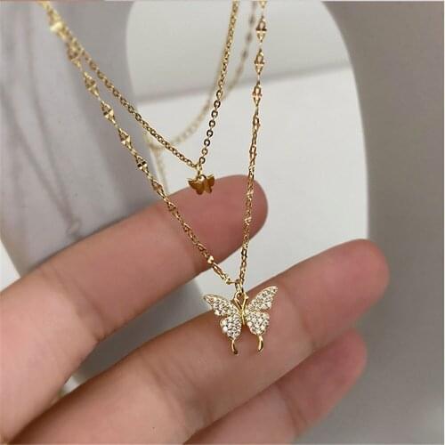 Shiny Butterfly Tassel Necklace Female Exquisite Double Layer Pendant Clavicle Chain Wedding Party Jewelry Gifts Necklace