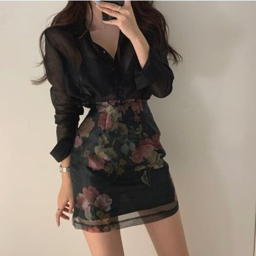 Elegant Chic Korean Thin Lapel See Through Long Sleeve Shirt Black Tops A Line High Waist Floral Skirts Mini Retro Fashion Sets