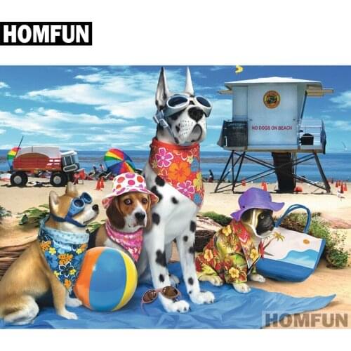 HOMFUN Paint With Diamond Embroidery "dogs on the beach" Diamond Painting Full Square Round Picture Of Rhinestone Decor A01104
