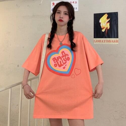 Summer college style letter printing half-sleeved mid-length loose cotton T-shirt all-match casual women