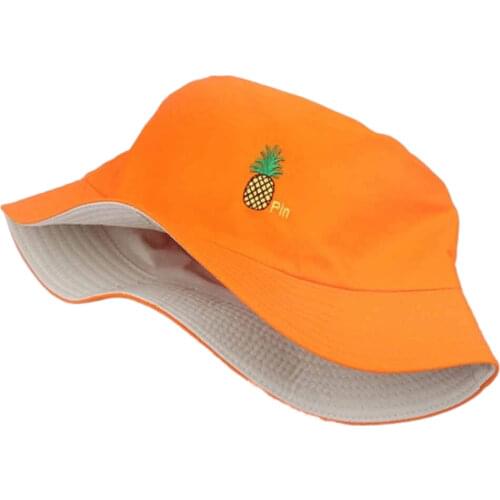 Cute Korea Style Womens Tropical Fruit Bucket Hat Embroidery Pineapple Fishing Hat Orange Black Pink