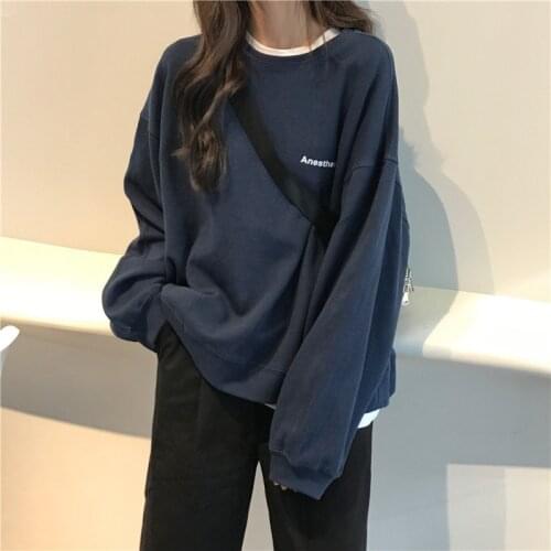 2021 New Kpop Letter Hoody Fashion Korean Thin Chic Womens Sweatshirts Cool Navy Blue Gray Hoodies for Women