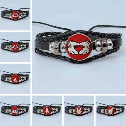 New popular gesture bracelet glass dome cartoon finger bracelet multi-layer braided leather bracelet jewelry