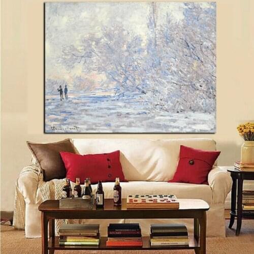 Print White Modern Claude Monet Impressionist Snow Landscape Oil Painting on Canvas Pop Art Wall Picture Poster for Living Room