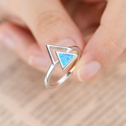 Simple Female Blue White Opal Jewelry Charm Silver Color Triangle Wedding Rings For Women Vintage Hollow Valentines Day Gifts