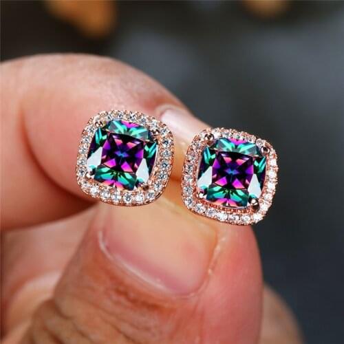 Luxury Female Rainbow Zircon Stone Earrings Charm Rose Gold Small Stud Earrings Vintage Square Opal Wedding Earrings For Women