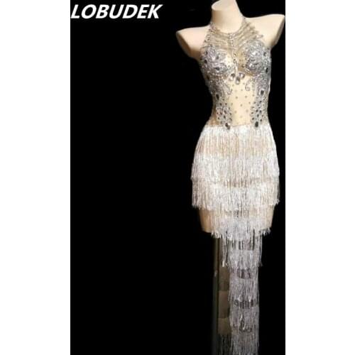 Sexy See-through Glisten Rhinestones Tassels Bodysuit Dress With Gloves Women Nightclub Costume Bar DJ Female Singer Stage Wear