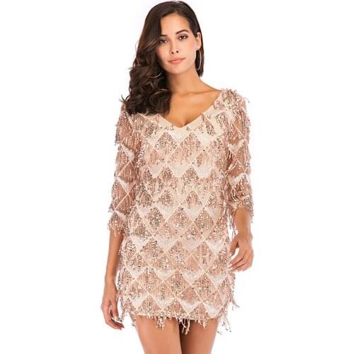 V-neck sexy womens evening dresses elegant temperament three-quarter sleeves sequins prom banquet womens Mini dresses