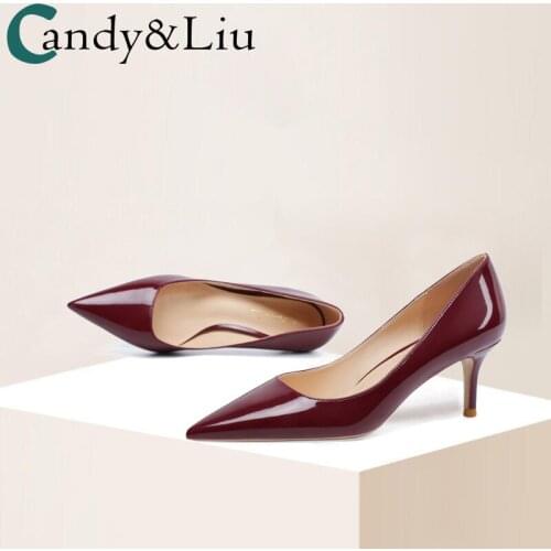 Pointed Thin Heel Shoes Womens 2021 New Sexy Temperament 6cm Wine Red Banquet Shoes Patent Leather Medium Heels