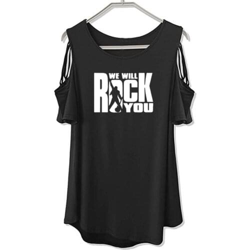 We Will Rock You Women T Shirt Summer Queen Rock Band T-shirt Short Sleeve Rock Roll Womens Off Shoulder Hollow Femme Tops