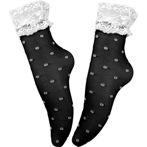 Black White Dot Socks Women Vintage Lolita Style Ruffles Lace Socks Female Summer Silk Sock Frilly Transparent Dames Sokken
