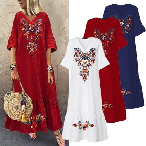 2020 Bohemian Women Dress Summer Sundress Ladies Floral Print Long Vintage Ruffles Elegant Dress Beach Robe