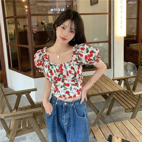 New Summer Gothic Square Neck Bubble Sleeve Backless Bandage Cherry Top Women Harajuku Short Sleeve Fashion Casual T-shirts