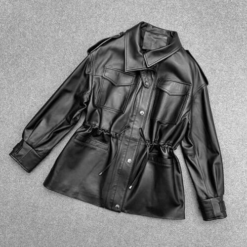 England Style Womens Genuine leather Trench coat High quality casual drawstring leather coat C401