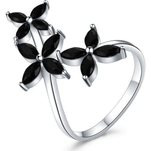 SODROV 925 Sterling Silver Jewelry Rings for Women Black Spinel Flower Finger Ring Silver 925 Jewelry G069