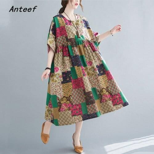 Short sleeve cotton vintage floral dresses for women casual loose long summer dress elegant clothes 2021 sundress