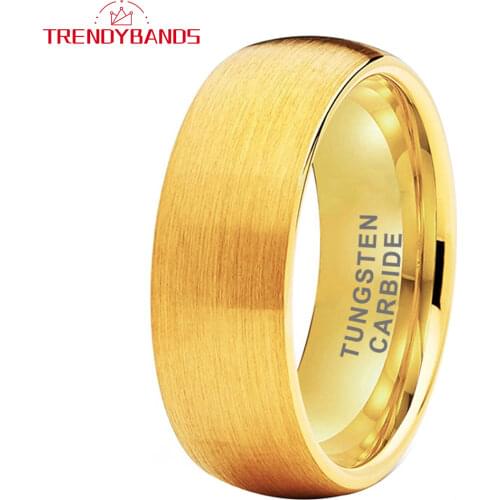 8MM Gold Tungsten Wedding Rings for Women Men Domed Brushed Finish Surface Comfort Fit