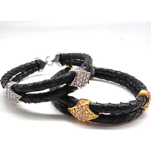 10pcs)Beichong Mens Blue 5mm Python Leather Bracelets Bangle With Gold Stainless Steel Clasp LeatherJewelry for Gift