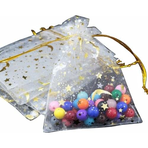 100Pcs Moon Stars Drawstring Organza Bags Drawstring Small Jewelry Gift Bags Pouches for Wedding Party Valentines Day