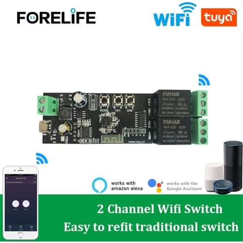 Tuya DIY WiFi 2CH Wireless Switch Module Smart Life APP Timing Remote Control Voice 2Gang Relay Work with Alexa Google Home