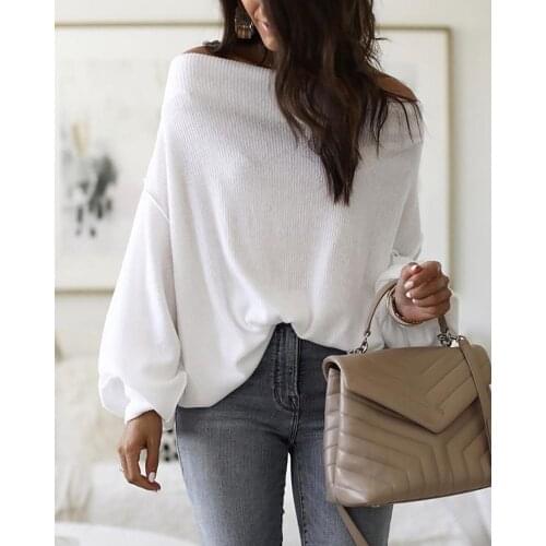 2020 Women Fashion Casual Brief Slash Neck Long Sleeve Autumn Solid Blouse Tops Off Shoulder Lantern Sleeve Ribbed Blouse
