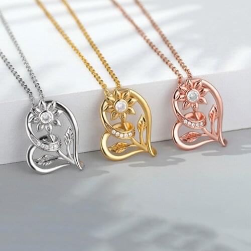 Zircon Heart Sunflower Necklaces For Women Girls Rose Gold Silver Color Neck Chain Female Flower Pendant Necklace Jewelry 2021