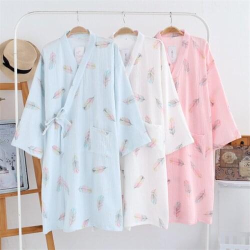 Cotton Robes for Women Kimono Cardigan Japanese Style Pajamas Three Quarter Sleeve Breathable Feather Printed Bathrobe Sleepwear