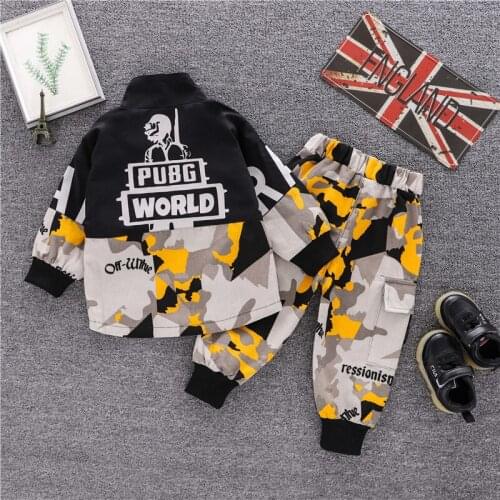 Boys camouflage two-piece suit, childrens stand-up collar, spring and autumn clothes, new casual long-sleeved trousers, childr
