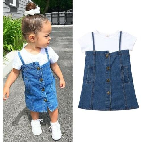 2019 Emmababy Toddler Kid Baby Girl Casual Denim Summer Outfits Clothes Short Sleeve Button T- Shirt Top Bib Skirt Set
