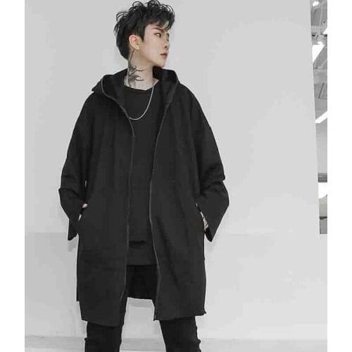 Bottom coat mens loose autumn clothes languid mid long hooded fur hem ins dark sweater design personality
