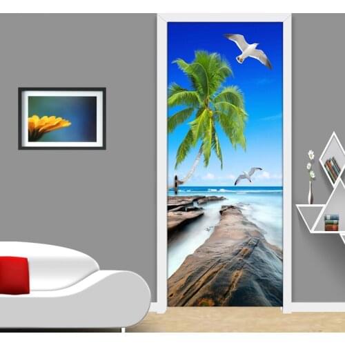 Modern Simple Living Room Door Decoration Sticker Mural PVC Self-adhesive 3D Sea View Coconut Trees Reef Stone Photo Wallpaper