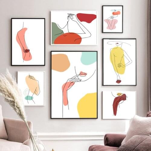 Wall Art Canvas Painting Colorful Drew Line Girl Abstract Nordic Posters And Prints Wall Pictures For Living Room Salon Decor