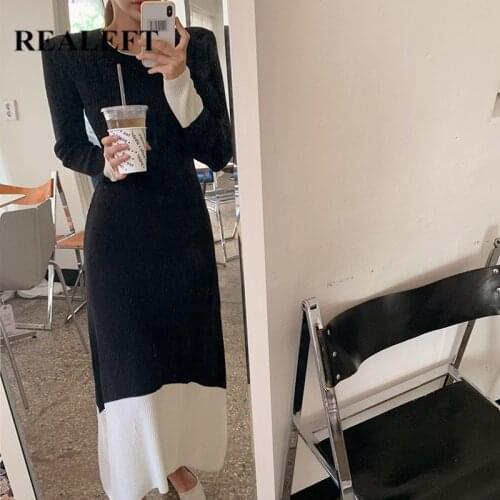 REALEFT 2021 New Vintage Black Knitting Dress Ladies Fashionable Patchwork High Waist Long Sleeve Womens Long Dresses Female