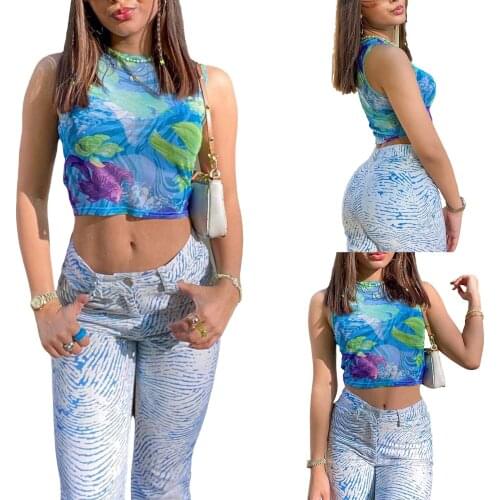 Hirigin 2021 New Women’s Causal Round Neck Vest Fashion Mesh Yarn Printing Exposed Navel Sleeveless Tops Sexy Tanks Camis