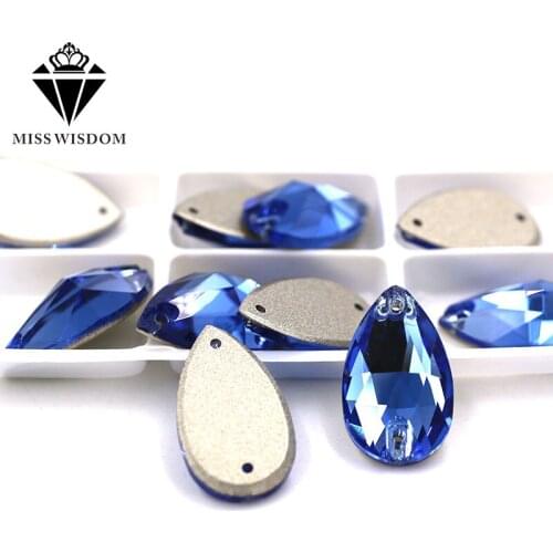 New High quality Flatback glass crystal double hole sew on rhinestones Teardrop shape Blue rhinestones diy clothing accessories