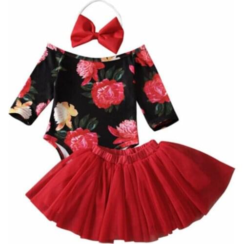 Newborn Baby Girls Clothes Set Off Shoulder Long Sleeve Floral Print Romper Jumpsuit Christmas Tutu Skirt Headband Outfit Sets