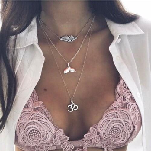 Whale Tail Necklace Multilayer Leaves Feathers Pendant Chain Choker Necklace Womens Jewelry Accessories Collares Kpop